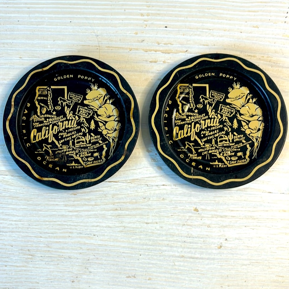 Vintage 1960s Set Of 2 California Themed Metal Coasters 3” black and gold